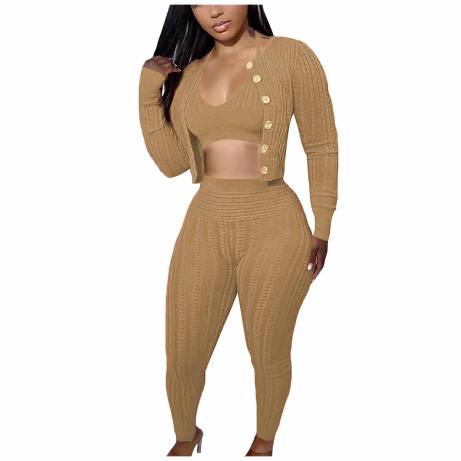 safuny Women's Workout Sets Daily Outfits 2Pc Solid Knitted Long