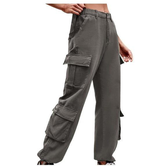safuny Women's Workwear Cargo Pants with Pcoket Girls Solid Color Teen Relaxed High Waist Trousers Trendy Casual Comfy Zipper Button Gray XL