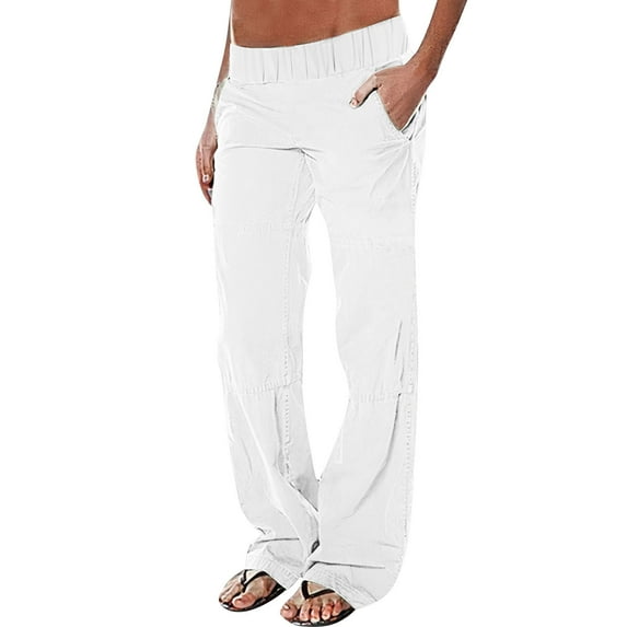 safuny Women's Workwear Cargo Pants with Pcoket Girls Solid Color Teen Relaxed High Waist Trousers Trendy Casual Comfy Zipper Button White L