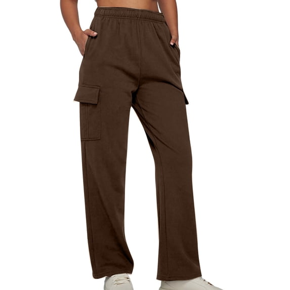 safuny Women's Workwear Cargo Pants with Pcoket High Rise Girls Trousers Trendy Solid Color Teen Relaxed Casual Comfy Straight Tube Brown S