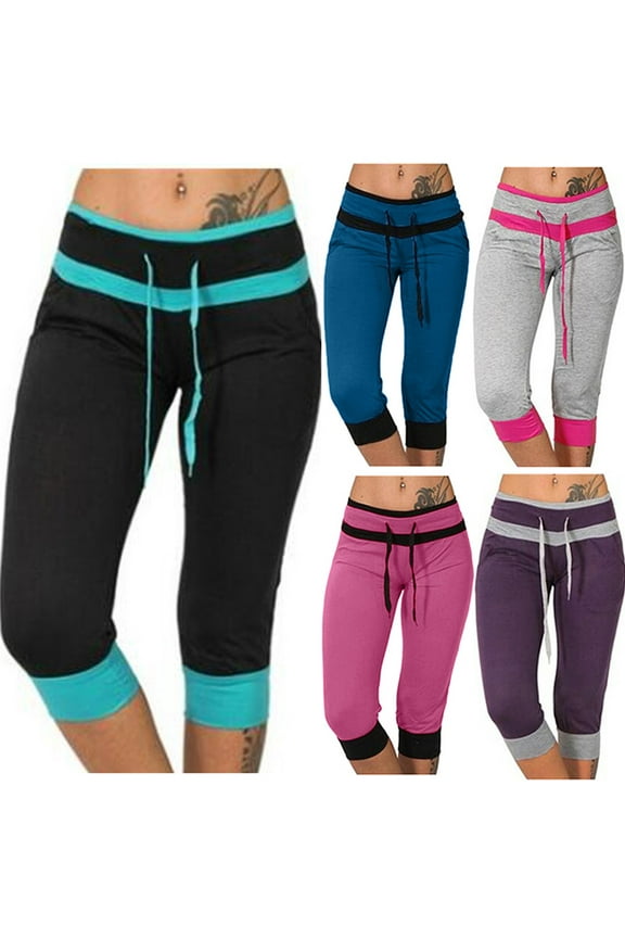 Women's Yoga Capri Pants Solid Summer High Elastic Waist Comfy Trousers Fit Running Drawstring Sports Fashion Clothing Retro Black L