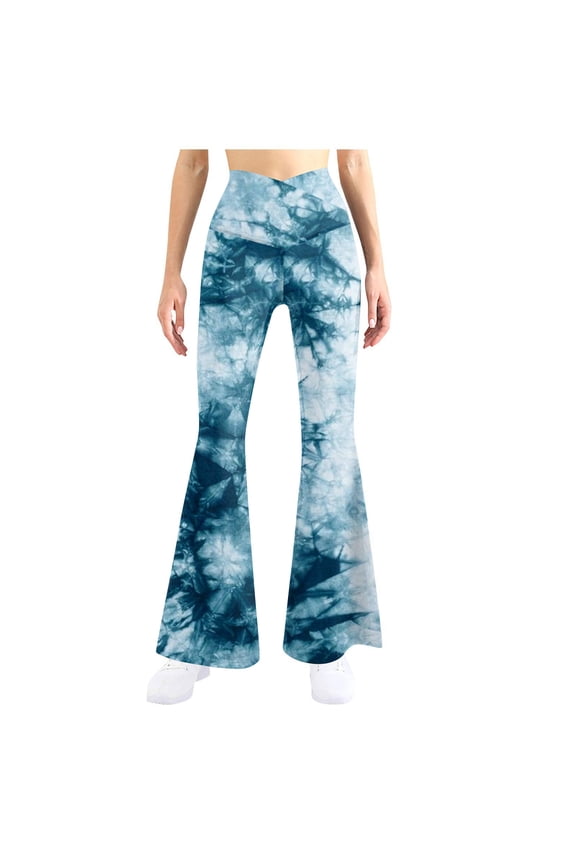 Women's Yoga Flare Pants Tie Dye Print Clothing High Elastic Waist Summer Comfy Trousers Stretch Fit Running Sports Fashion Retro Blue XL