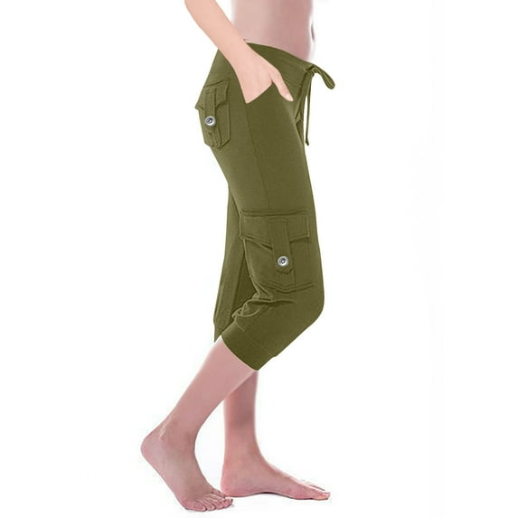 safuny Women's Yoga Legging Cargo Pants Fall Running Sports Stretch Relaxed Trendy Trousers Solid Pocket High Waist Army Green XXXXL