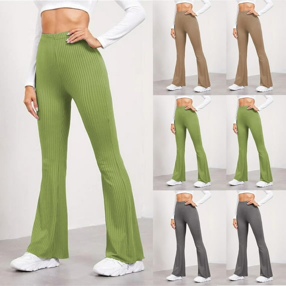 safuny Women's Yoga Legging Flared Pants Casual Comfy Stretchy Sports Solid Color Girls Teen Relaxed High Rise Trendy Trousers Green S