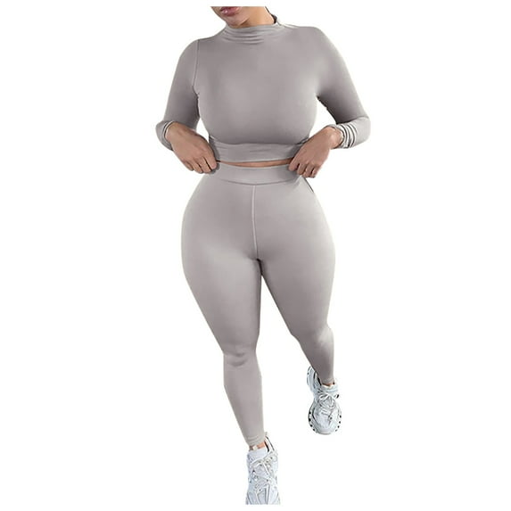 safuny Women's Yoga Suit Plus Size Suit for Girlfriend Wife Daughter Comfy Casual High Neck Dressy Long Sleeve Solid Color Beige L