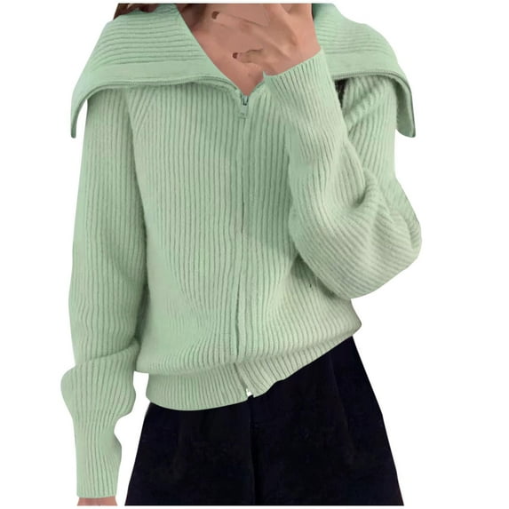 safuny Women's Zip Up Cardigan Sweater Ribbed Knitted Drop Shoulder Long Sleeve Fall Outerwear Green _w Free Size