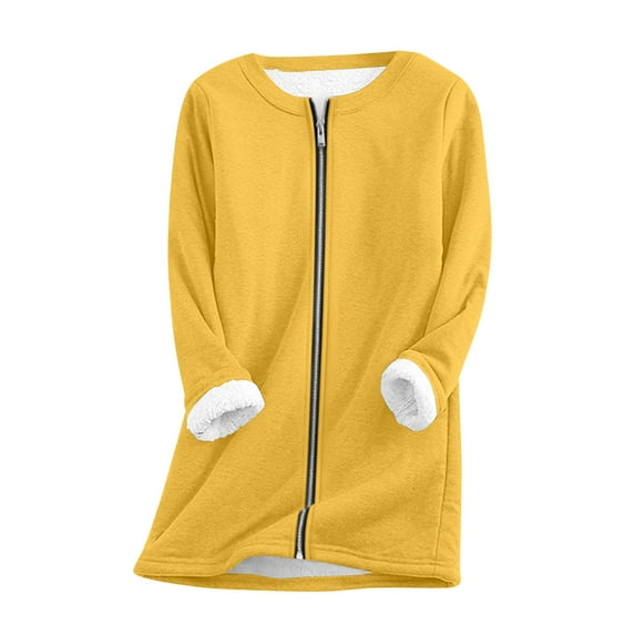 safuny Women's Zip Up Fleece Lined Sweatshirt Crewneck Sport Coat Warm Long Sleeve Nightgown Long Jacket Yellow _h S