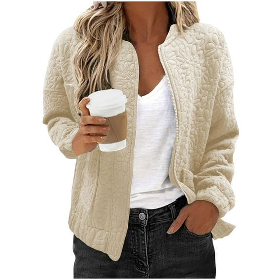 safuny Women's Zip Up Jackets Fashion Casual Quilted Lightweight Solid Color Outerwear Crewneck Coat with Pockets Beige _j XL