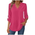 thumbnail image 1 of safuny Womens 3/4 Length Sleeve Tops V Neck Tunic Casual Blouse Solid Color Curved Hem Shirts Hot Pink _u XL, 1 of 8