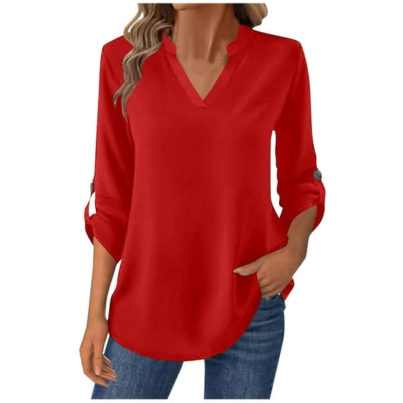 safuny Womens 3/4 Length Sleeve Tops V Neck Tunic Casual Blouse Solid Color Curved Hem Shirts Red _u L