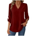 thumbnail image 1 of safuny Womens 3/4 Length Sleeve Tops V Neck Tunic Casual Blouse Solid Color Curved Hem Shirts Wine _u S, 1 of 8