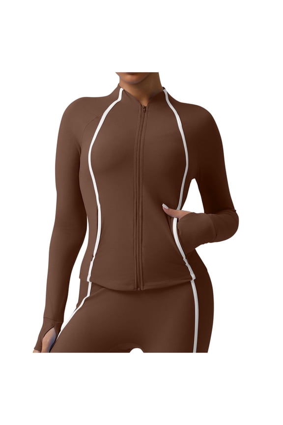 Womens Cropped Slim Athletic Yoga Workout Sports Zip Up Slim Jacket with Thumb Holes Brown _k XL