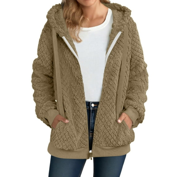 safuny Womens Fuzzy Fleece Hoodie Jacket Fall Winter Warm Coat with Pockets Full Zip Up Outwear Brown _w XL