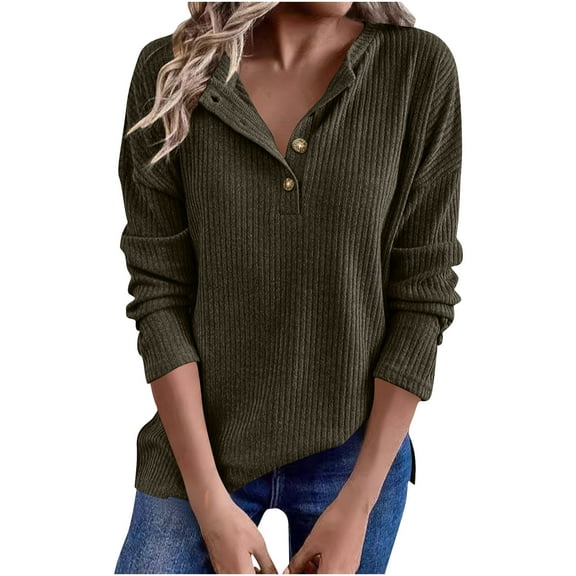 safuny Womens Lightweight Sweaters Button Down Fall Long Sleeve Pullover Shirts Casual Solid Tops Army Green _f L