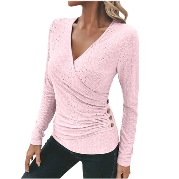 safuny Womens Long Sleeve Shirts V Neck Ribbed Knit Slim Button Lightweight Sweater Fall Tops Pink _a M