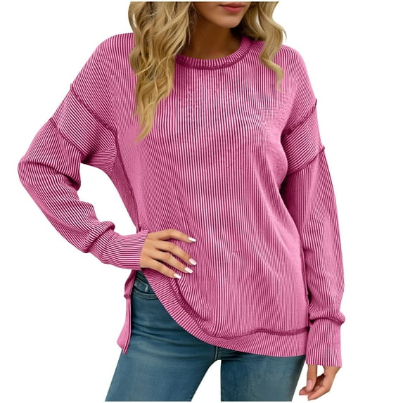 safuny Womens Long Sleeve Tops Ribbed Loose Oversized Sweatshirts with Side Slit High Low Hem Fall Pullover Hot Pink _P XXL