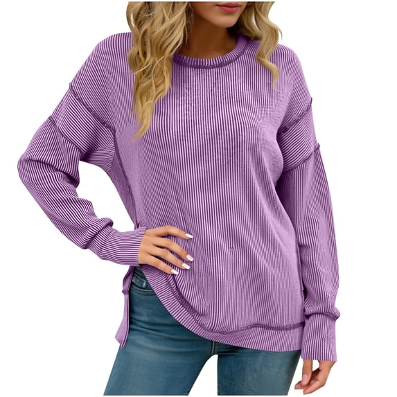 safuny Womens Long Sleeve Tops Ribbed Loose Oversized Sweatshirts with Side Slit High Low Hem Fall Pullover Purple _P S