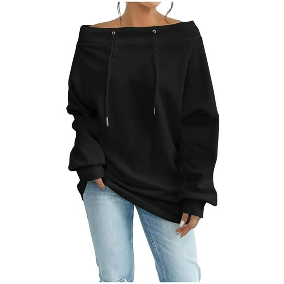 safuny Womens Off Shoulder Sweatshirt Drop Shoulder Oversized Long Sleeve Pullover Fall Winter Top Black _a M