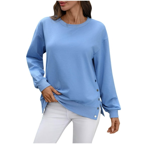 safuny Womens Oversized Sweatshirt Crewneck Long Sleeve Pullover Sweatshirts Solid Color Split Hem with Button Blue _k L