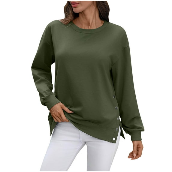 safuny Womens Oversized Sweatshirt Crewneck Long Sleeve Pullover Sweatshirts Solid Color Split Hem with Button Green _k M