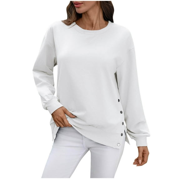 safuny Womens Oversized Sweatshirt Crewneck Long Sleeve Pullover Sweatshirts Solid Color Split Hem with Button White _k L