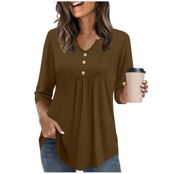 safuny Womens Solid Color Tops Fall Fashion 3/4 Length Sleeve V Neck Pleated Tunic Shirts Casual Out s Brown _1 XXL