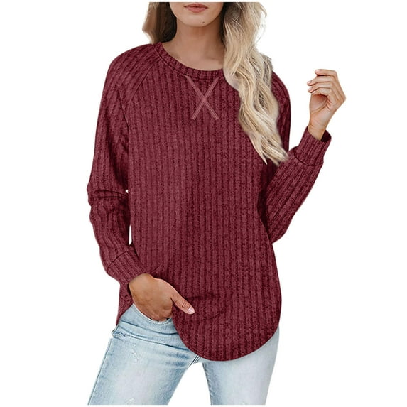 safuny Womens Sweaters Casual Crewneck Long Sleeve Curved Hem Pullover Loose Fall Fashion Sweatshirts Red _b S