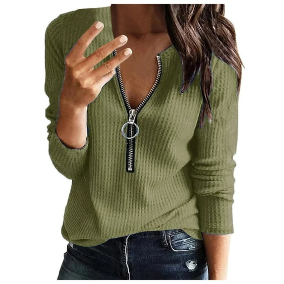 safuny Womens Top Dressy Loose Pullover T-shirt Comfy Casual V-Neck Long Sleeve Solid Color Plus Size Blouses Shirts Army Green M