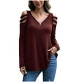 thumbnail image 1 of safuny Womens Top Dressy Loose Solid Color Zipper Hollow Out T-Shirt Comfy Casual Plus Size T-Shirts Pullover V-Neck Long Sleeve Wine L, 1 of 6