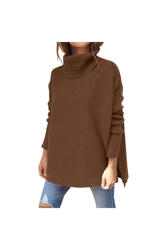 Womens Top Dressy Loose Turtleneck Long Sleeve Solid Color Split fork Knitted Sweater Comfy Casual Plus Size Blouse Shirts Pullover Brown XXL