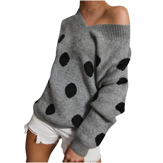 safuny Womens Top Knitted Sweater Top Comfy Casual Pullover V-Neck Long Sleeve Polka Dot Dressy Loose Plus Size Blouses Shirts Gray S