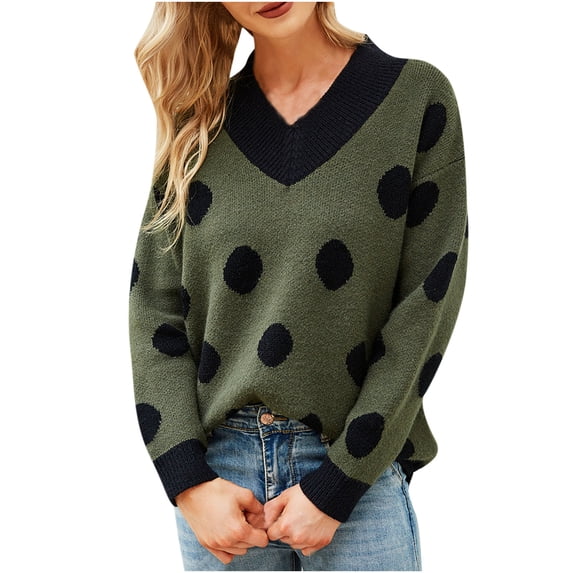 safuny Womens Top Knitted Sweater Top Comfy Casual Pullover V-Neck Long Sleeve Polka Dot Dressy Loose Plus Size Blouses Shirts Green S