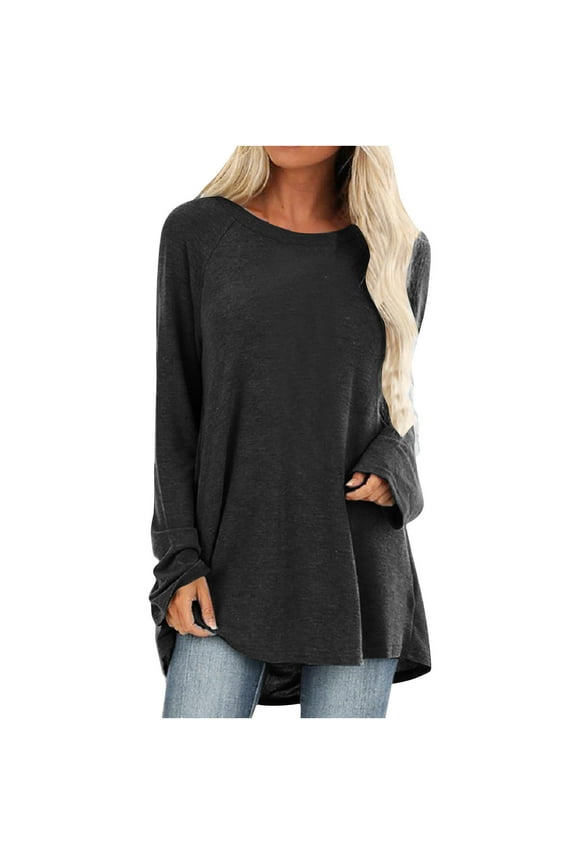 Womens Top Round Neck Pullover Plus Size Blouses Shirts Long Sleeve Solid Color Swing Hem Tunic Long Tops Comfy Casual Dressy Loose Black S