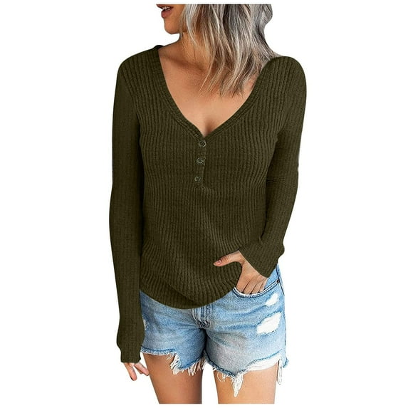safuny Womens Tops Pullover Fashion V-Neck Plus Size Blouses Shirts for Girlfriend Wife Long Sleeve Solid Color T-Shirt Comfy Casual Dressy Loose Army Green M