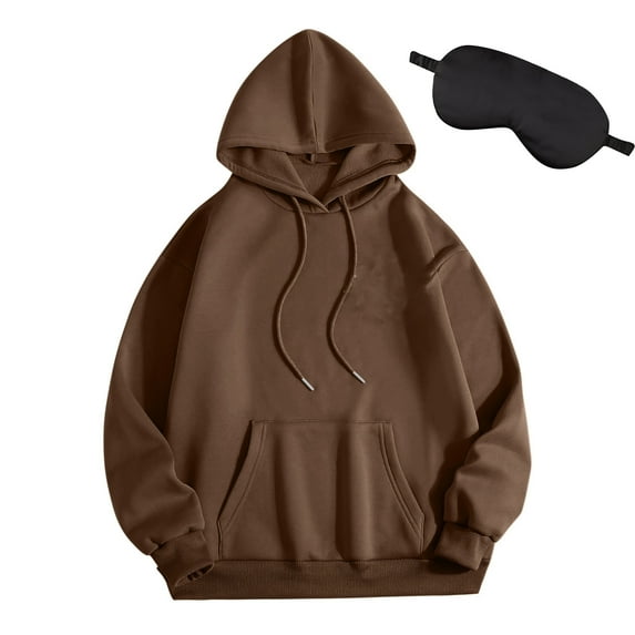 safuny Womens Travel Hoodie with Eye Mask Comfy Airplane Mode Travel Pullover Soft Drawstring Hoodies Sweatshirts Brown _m S