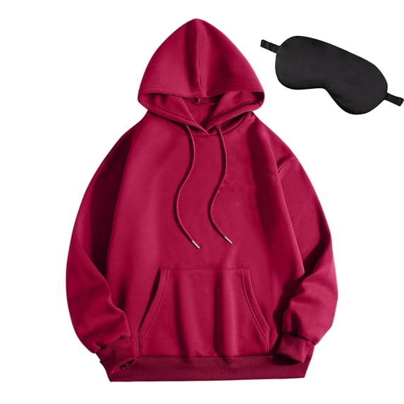 safuny Womens Travel Hoodie with Eye Mask Comfy Airplane Mode Travel Pullover Soft Drawstring Hoodies Sweatshirts Wine _m L