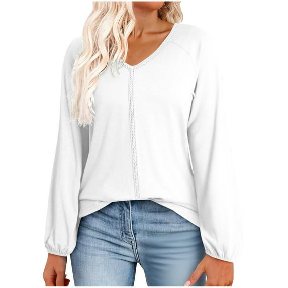 safuny Womens V Neck Cropped Long Sleeve Tops for Women Fall Out s Casual Loose Basic Tops White _z M