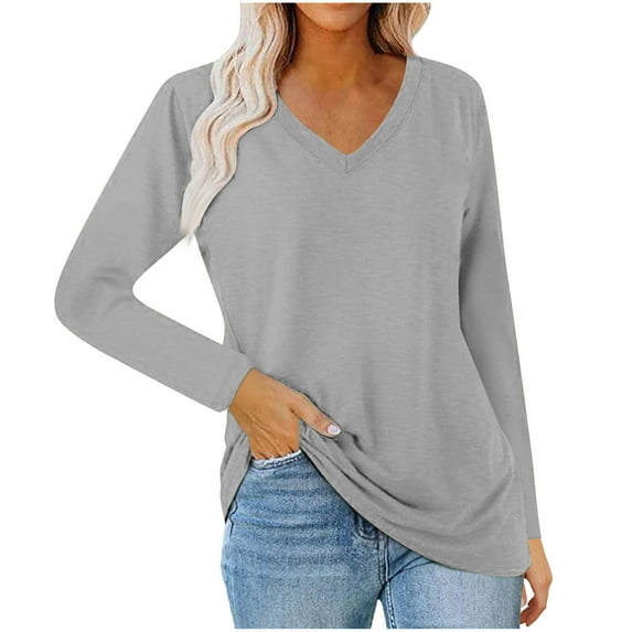 safuny Womens V Neck Long Sleeve Shirts Casual Long Sleeve Solid Color Basic Tops Fall Tops Gray _s S