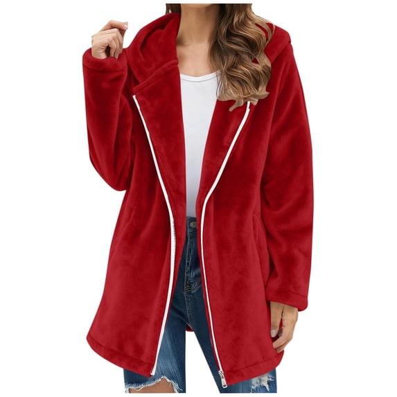 safuny Womens Zip Up Jacket with Pockets Oversized Long Hoodie Fuzzy Fleece Jackets Winter Warm Coat Red _e S
