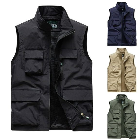 safuny Zipper Outerwear Vests Fishing Travel Vest for Men Golf Jacket Multi Pockets Workout Photo Cargo Vest Hiking Fall Sleeveless Stand Collar Lightweight Green L