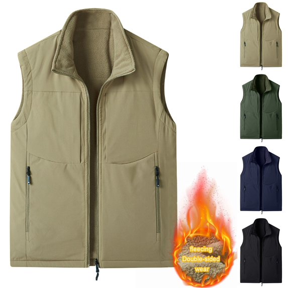 safuny thicken Cargo Vest Tops for Mens Zipper Jacket Open Front Outwear Tanks with Pockets Solid Vintage Stand Collar Blouses Green L