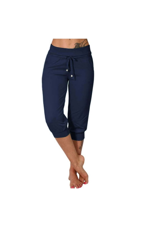 Capri Pants for Women Casual Lightweight Drawstring Elastic Waist Comfy Athletic Sports Pants with Pockets