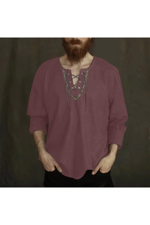 Linen Shirts for Men Long Sleeve V Neck Pullover Tie Retro Casual Lightweight Breathable Long Sleeve Shirts