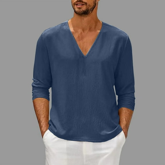 sageysalite Long Sleeve Tops for Men Casual Cotton Linen V Neck Pullover Lightweight Loose Breathable Spring Fall Tops