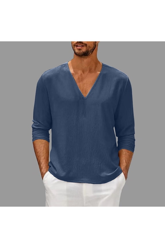 Long Sleeve Tops for Men Casual Cotton Linen V Neck Pullover Lightweight Loose Breathable Spring Fall Tops