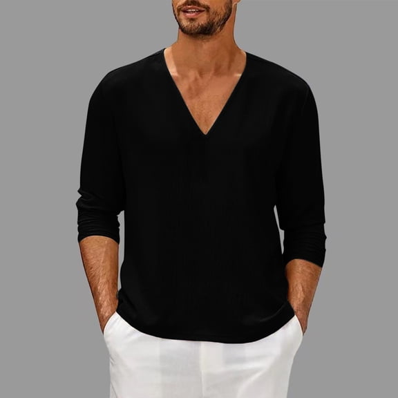 sageysalite Long Sleeve Tops for Men Casual Cotton Linen V Neck Pullover Lightweight Loose Breathable Spring Fall Tops