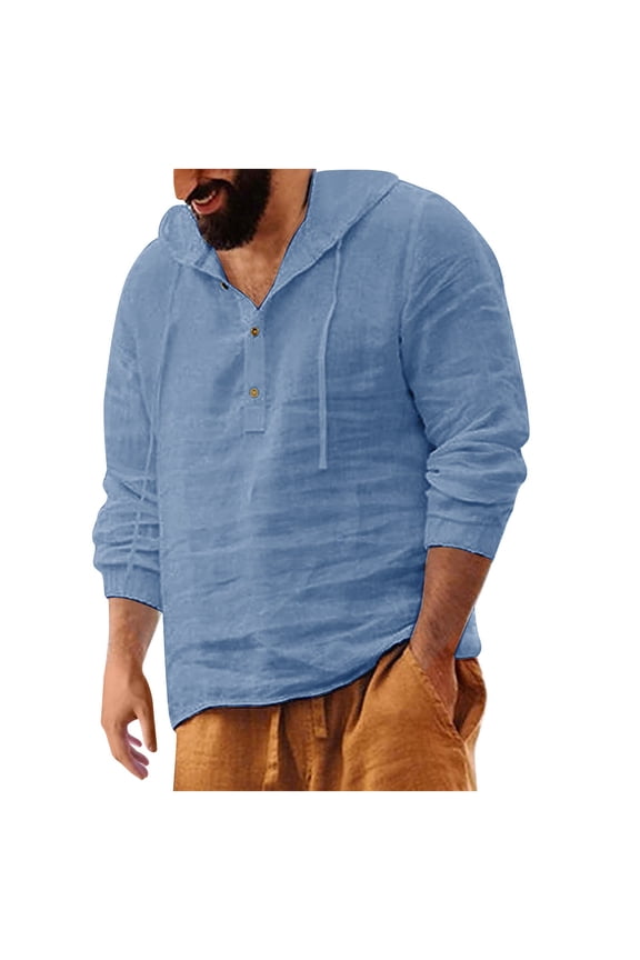 Long Sleeve Tops for Men Cotton Linen Hooded Drawstring Button Pullover Casual Lightweight Breathable Workout Tops