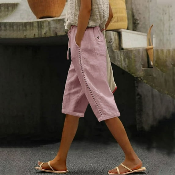 sageysalite Womens Linen Shorts Casual Drawstring Elastic Waist Knee Length Lightweight Loose Summer Shorts with Pockets