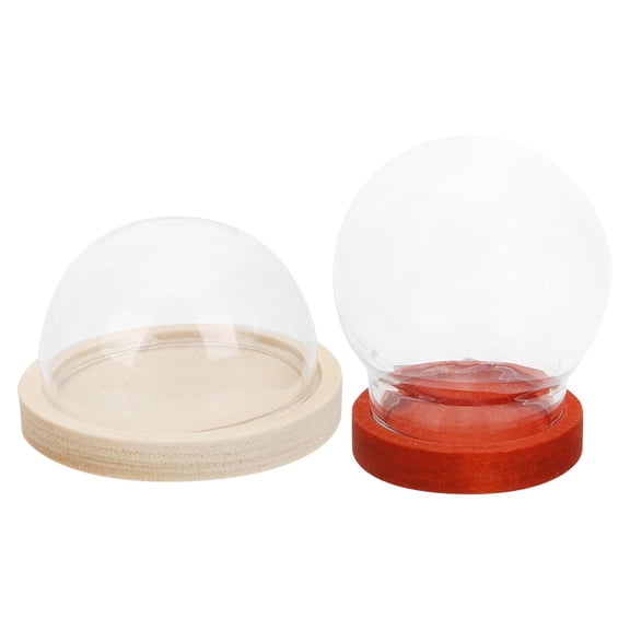 Set of 2 Small Glass Dome Display Cases with Wooden Bases, Clear Glass Display Covers for Collectibles, Decor, and Keepsakes