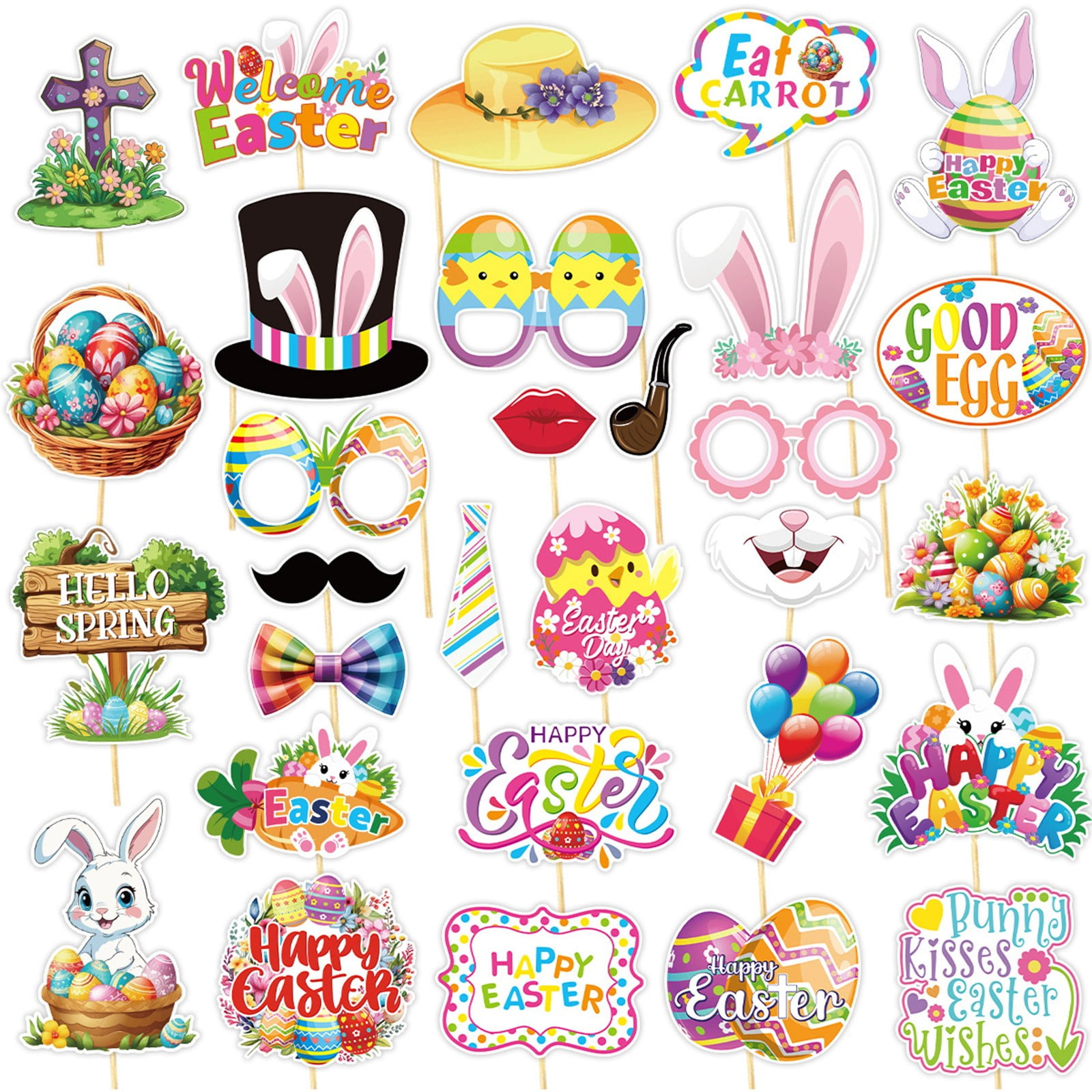IGEED Easter Photo Booth Props Kit,Colorful Easter Egg Chick Bunny Hat Moustache Glasses Rabbit Arrow Sign Prop,Funny Easter Party Photo Props Accessories for Easter Hunt Game Favor Supplies